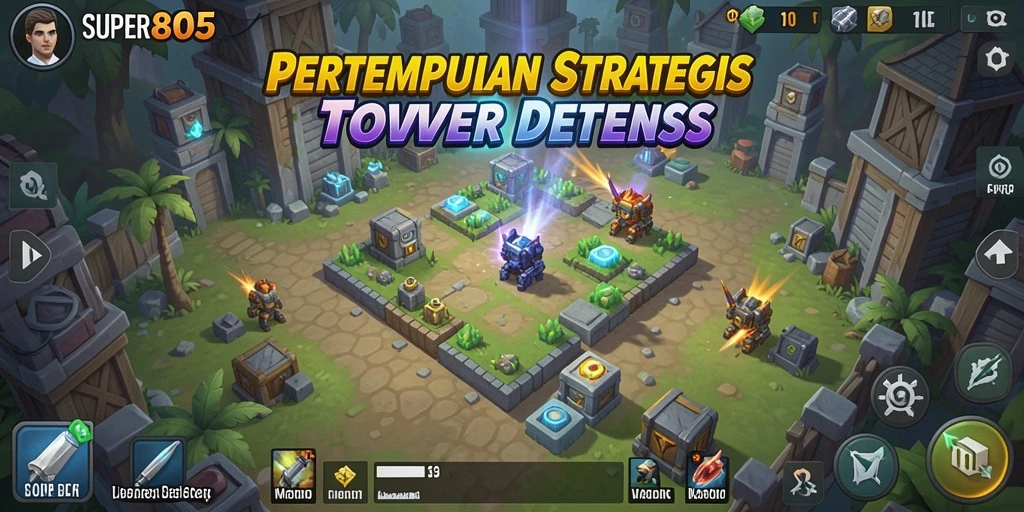 Screenshot gameplay SUPER805 menampilkan menara yang beraksi melawan gelombang musuh.