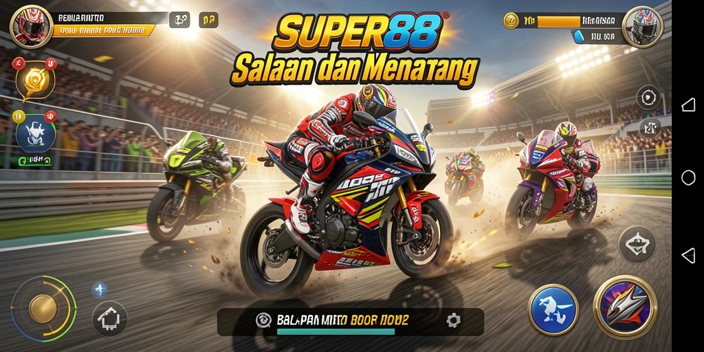 Screenshot utama SUPER88 menampilkan balapan motor yang mendebarkan dan grafis yang memukau.