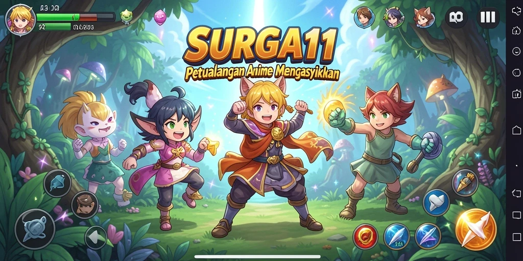 Screenshot game SURGA11 menampilkan karakter-kater Anime dalam pertempuran yang seru.